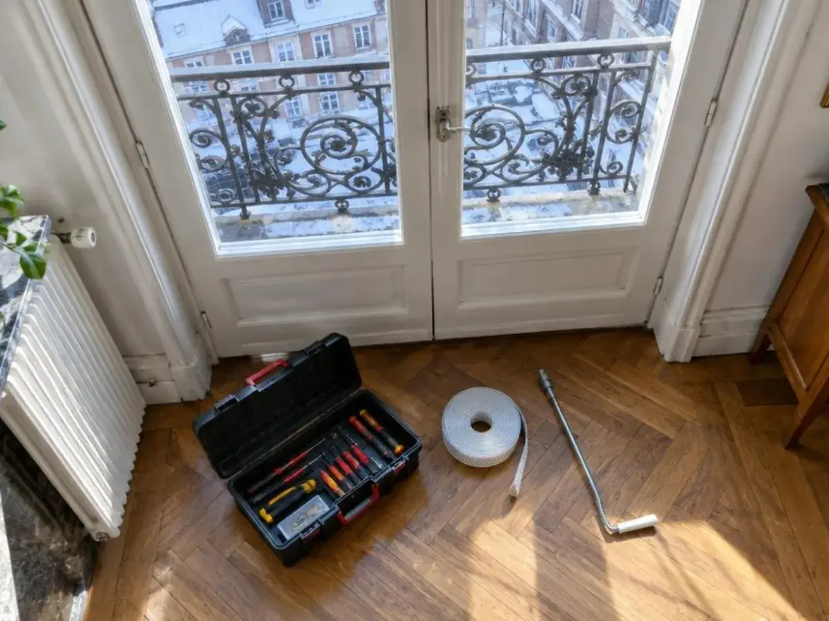 Caisse à outils ouverte au pied d'une porte-fenêtre, tournevis, sangle neuve et embout de manivelle