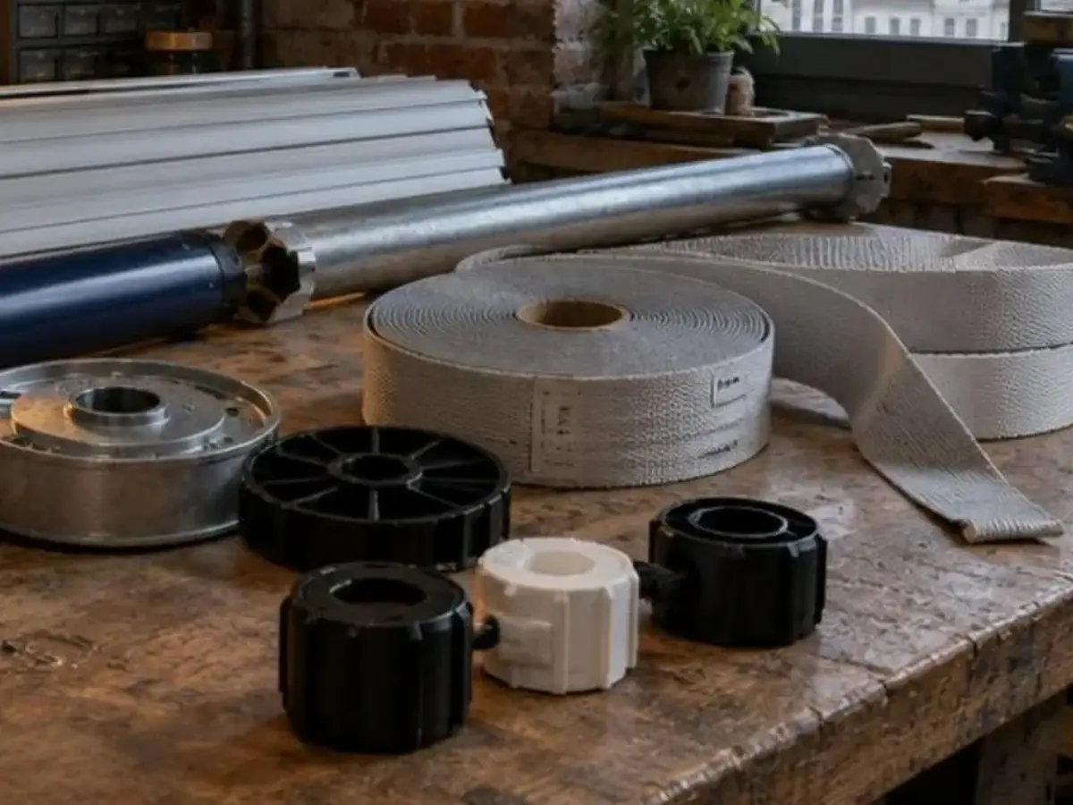 Établi garni de pièces de volet roulant : moteur tubulaire, poulies, rouleaux de sangle et embouts d'axe