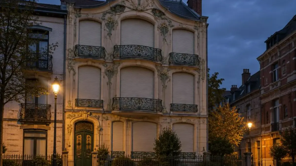 Façade de maison de maître Art nouveau au crépuscule, volets roulants clairs baissés sur trois étages