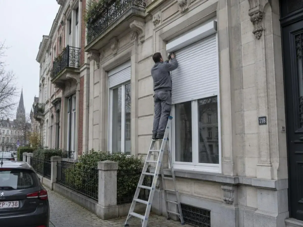Technicien sur une échelle réglant le volet roulant blanc d'une haute fenêtre de maison de maître saint-gilloise