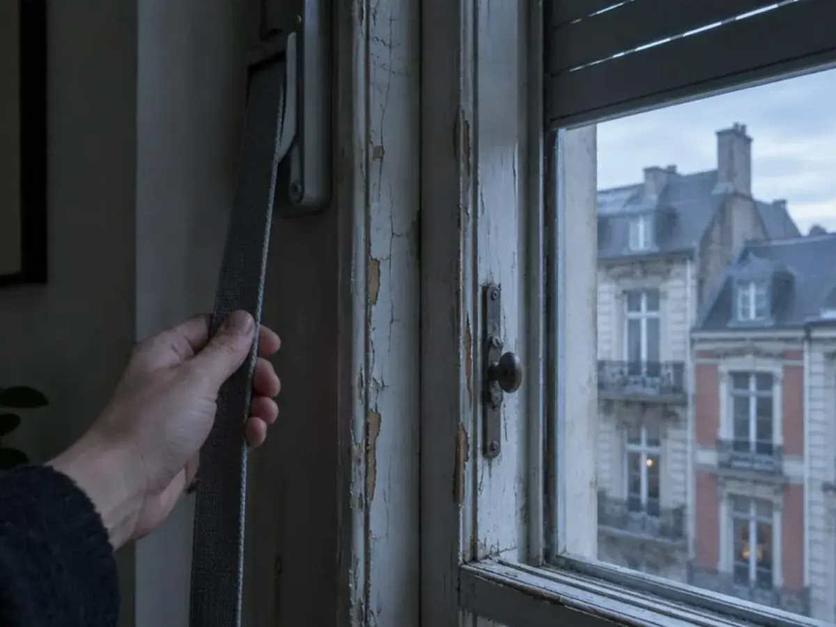 Main relâchant la sangle grise d'un volet roulant intérieur près d'une fenêtre ancienne