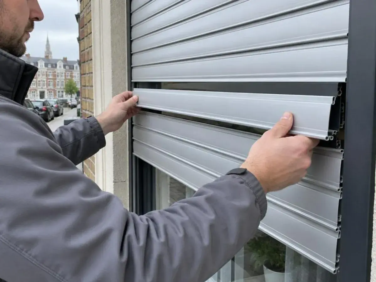 Technicien remplaçant une lame en aluminium sur un tablier de volet roulant à hauteur d'homme