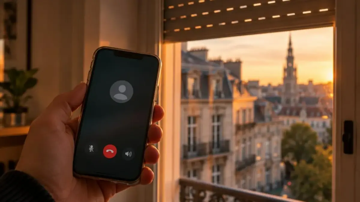 Main tenant un smartphone pendant un appel, volet roulant à moitié fermé en arrière-plan flou, lumière du soir