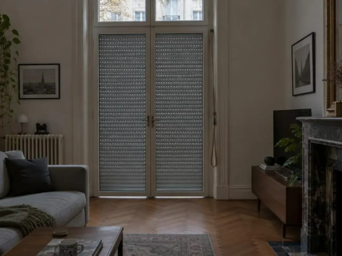 Volet roulant électrique arrêté à mi-hauteur dans une chambre aux murs clairs et parquet ancien
