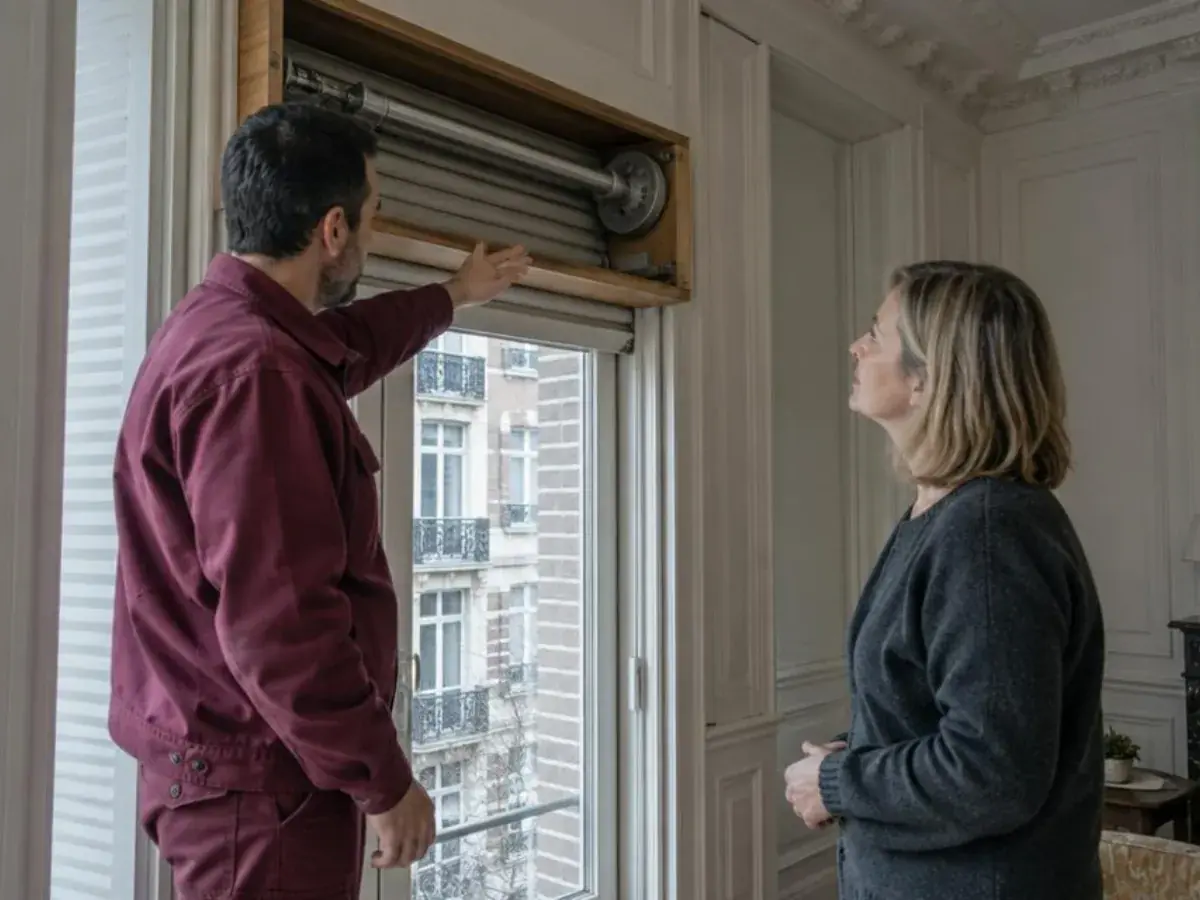 Technicien montrant l'axe d'enroulement d'un coffre intérieur en bois à une propriétaire