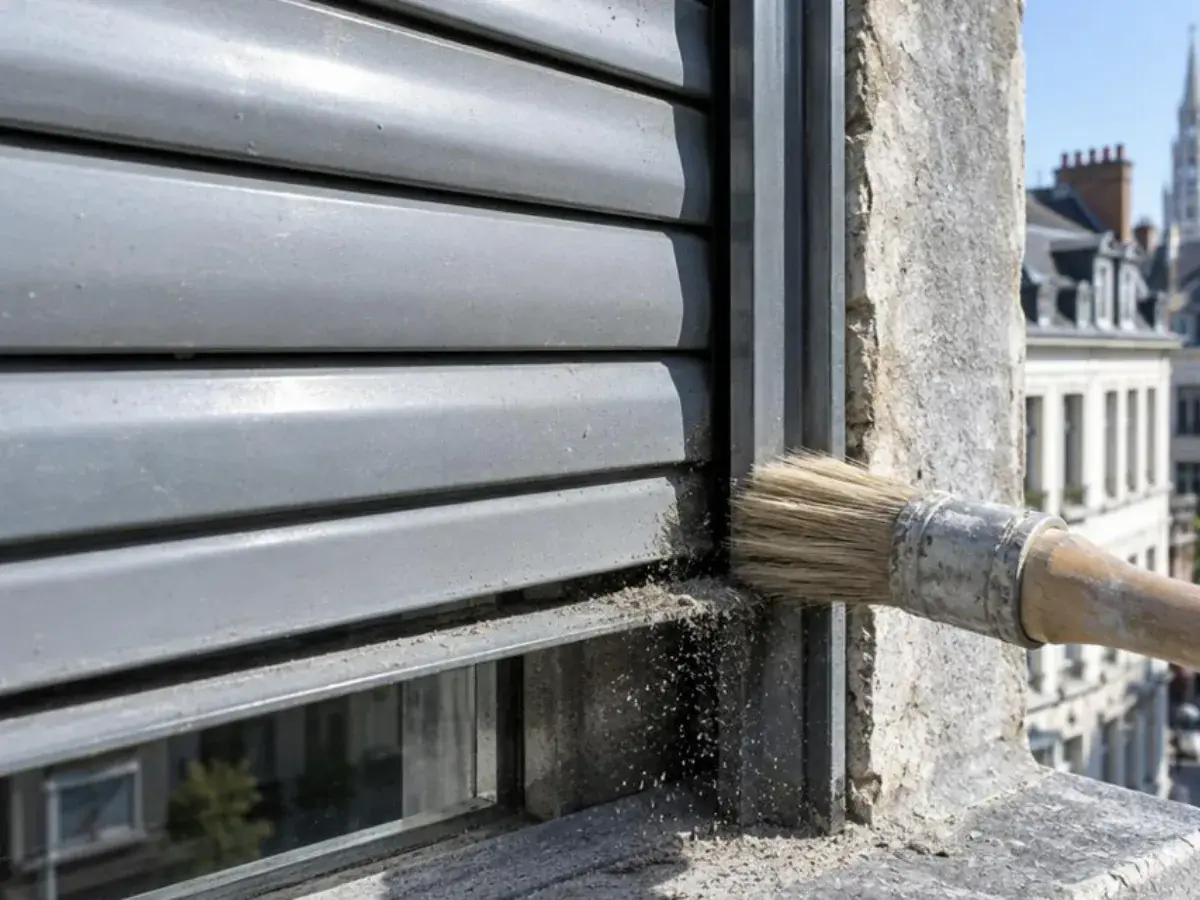 Pinceau sec délogeant la poussière au fond de la coulisse d'un volet roulant gris