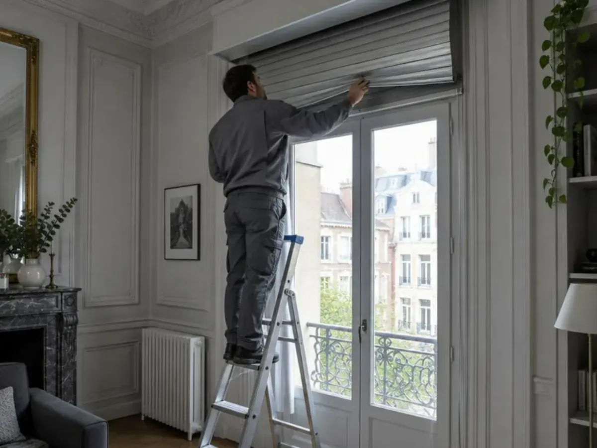 Technicien sur un escabeau soutenant un tablier aluminium bloqué devant une haute porte-fenêtre saint-gilloise