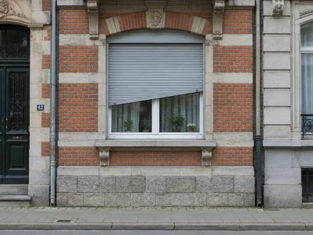 Volet roulant gris clair arrêté de biais à mi-hauteur sur une fenêtre de façade éclectique bruxelloise