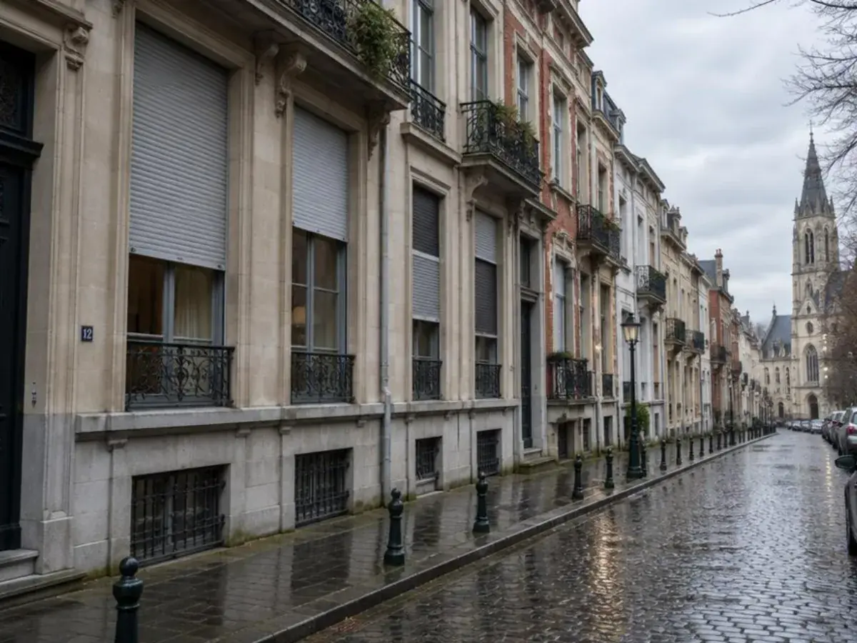 Enfilade de maisons de maître près du Parvis, volets roulants arrêtés à des hauteurs variées