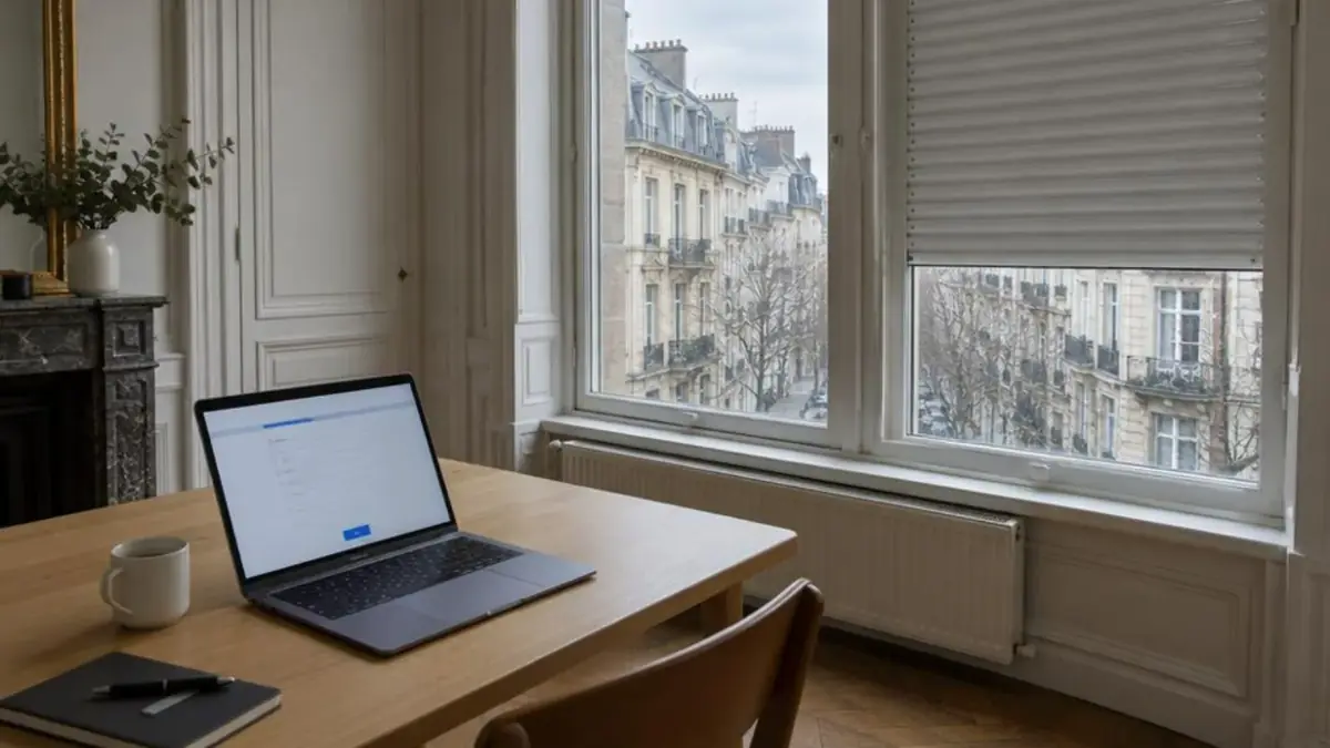 Ordinateur portable ouvert sur un formulaire en ligne, sur une table près d'un volet roulant