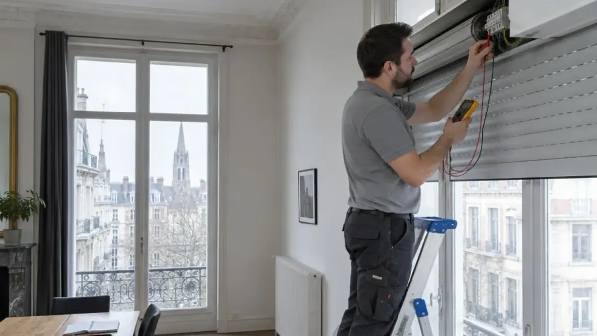 Technicien contrôlant au multimètre le bornier d'un volet électrique sous le haut plafond d'un appartement saint-gillois