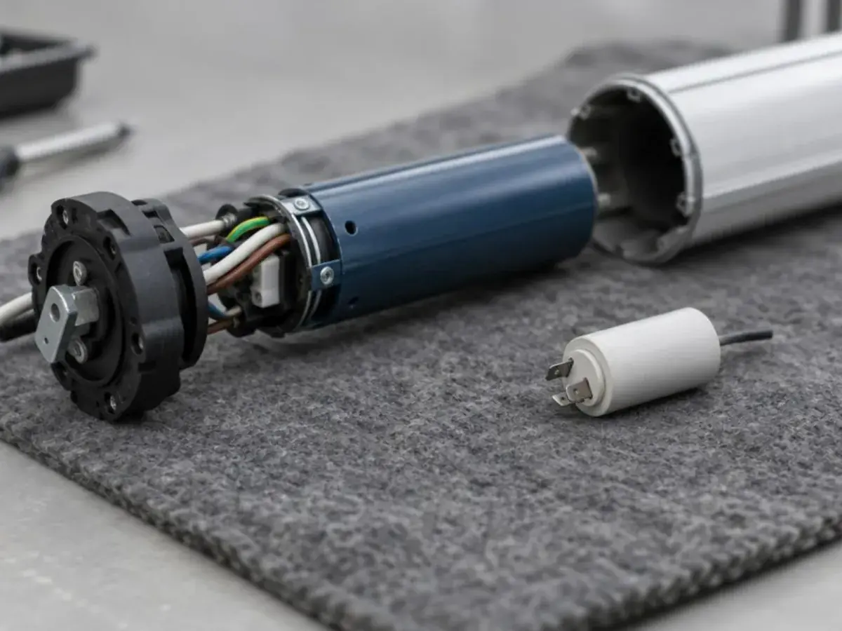 Moteur tubulaire extrait de son axe sur un tapis de protection, près d'un condensateur neuf