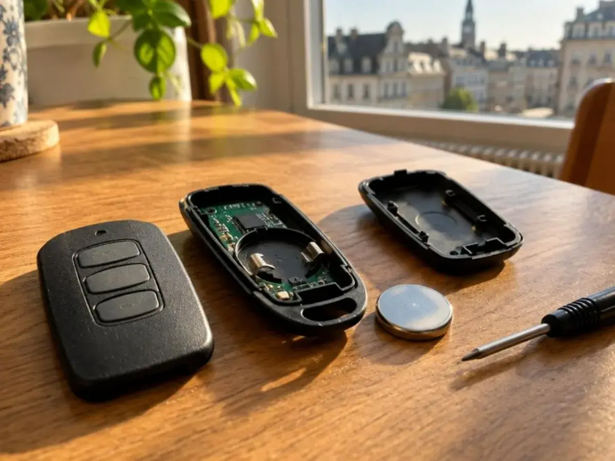 Télécommande de volet roulant démontée sur une table en bois, pile sortie de son logement