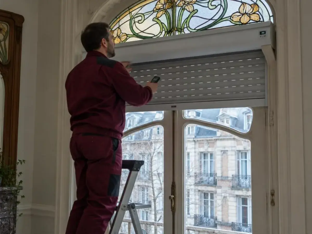 Technicien réglant les positions haute et basse d'un volet électrique devant une porte-fenêtre Art nouveau