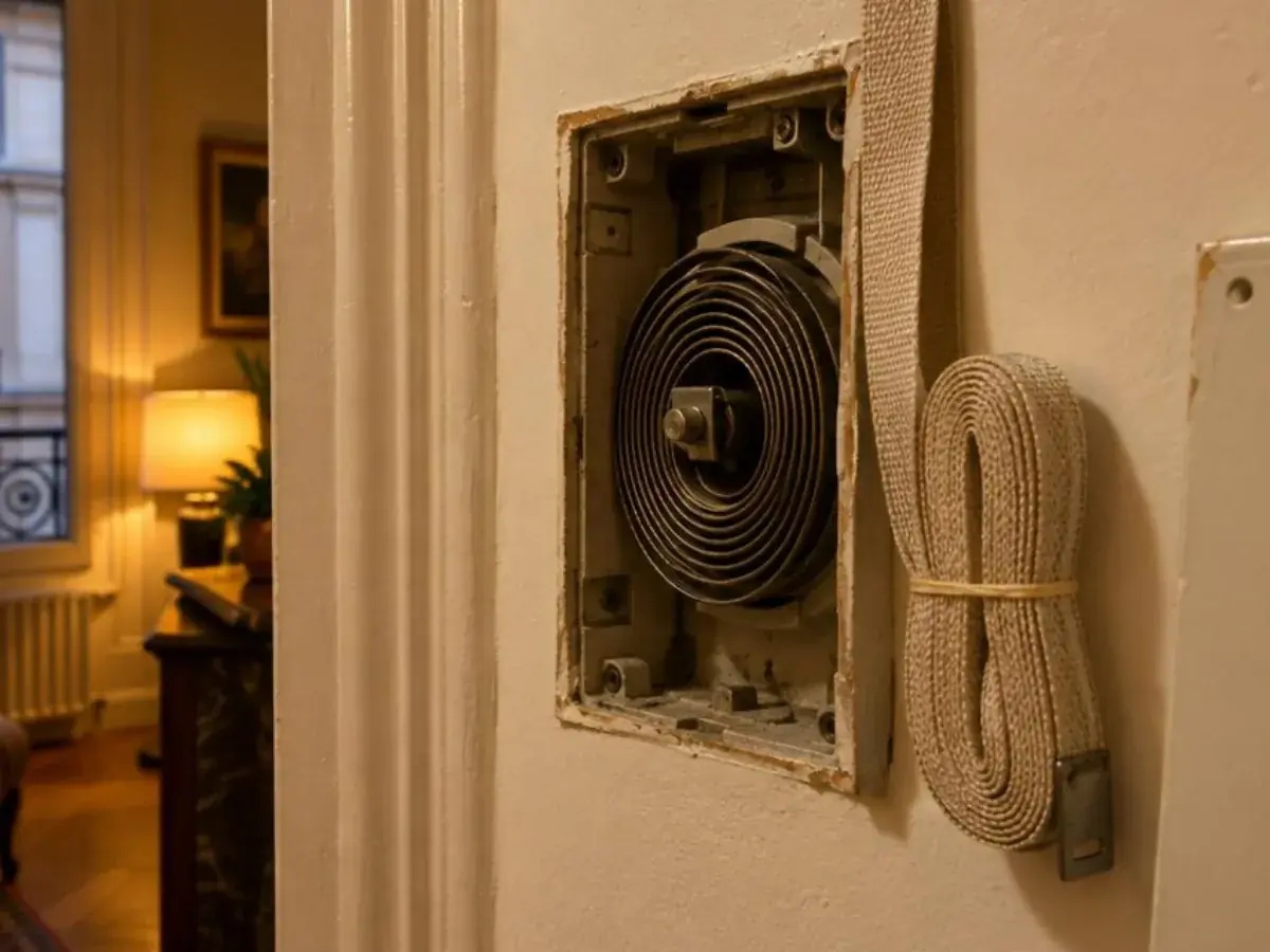 Boîtier enrouleur ouvert dans un mur peint, ressort spiral et sangle beige neuve prêts au montage