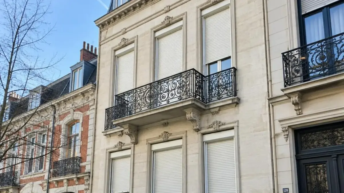Hautes fenêtres d'une maison de maître saint-gilloise habillées de volets roulants neufs en aluminium ivoire