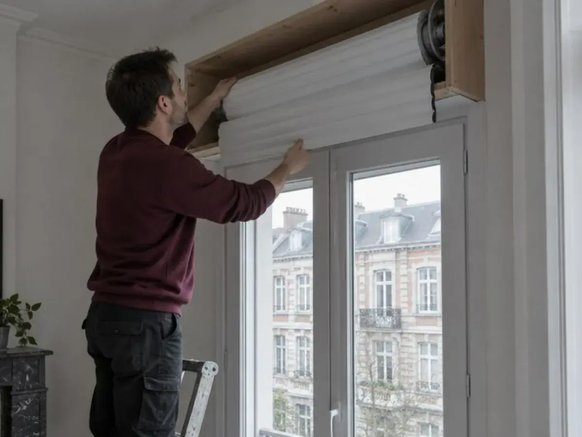 Technicien engageant un tablier neuf en PVC blanc dans un coffre intérieur en bois au-dessus d'une porte-fenêtre