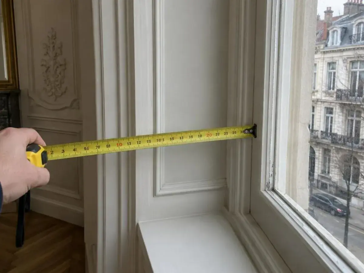 Mètre ruban déroulé dans l'embrasure d'une haute fenêtre à moulures dans une maison de maître bruxelloise